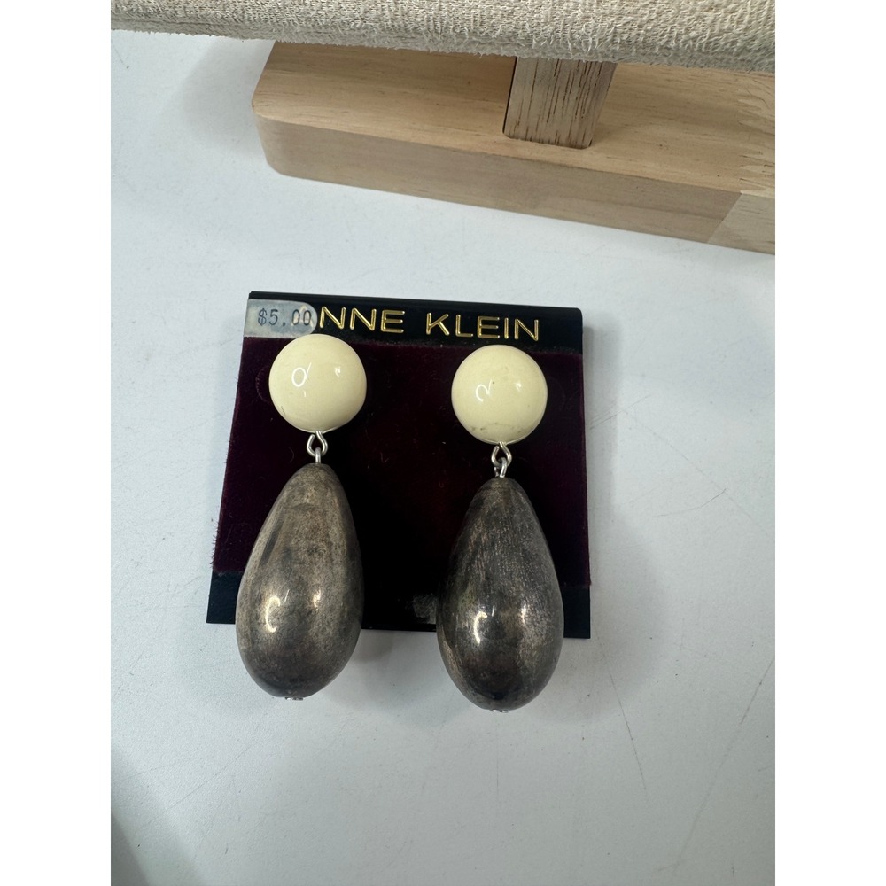 Anne Klein Vintage Teardrop Drop Earrings Cream Silver Tone 18KT GF Post